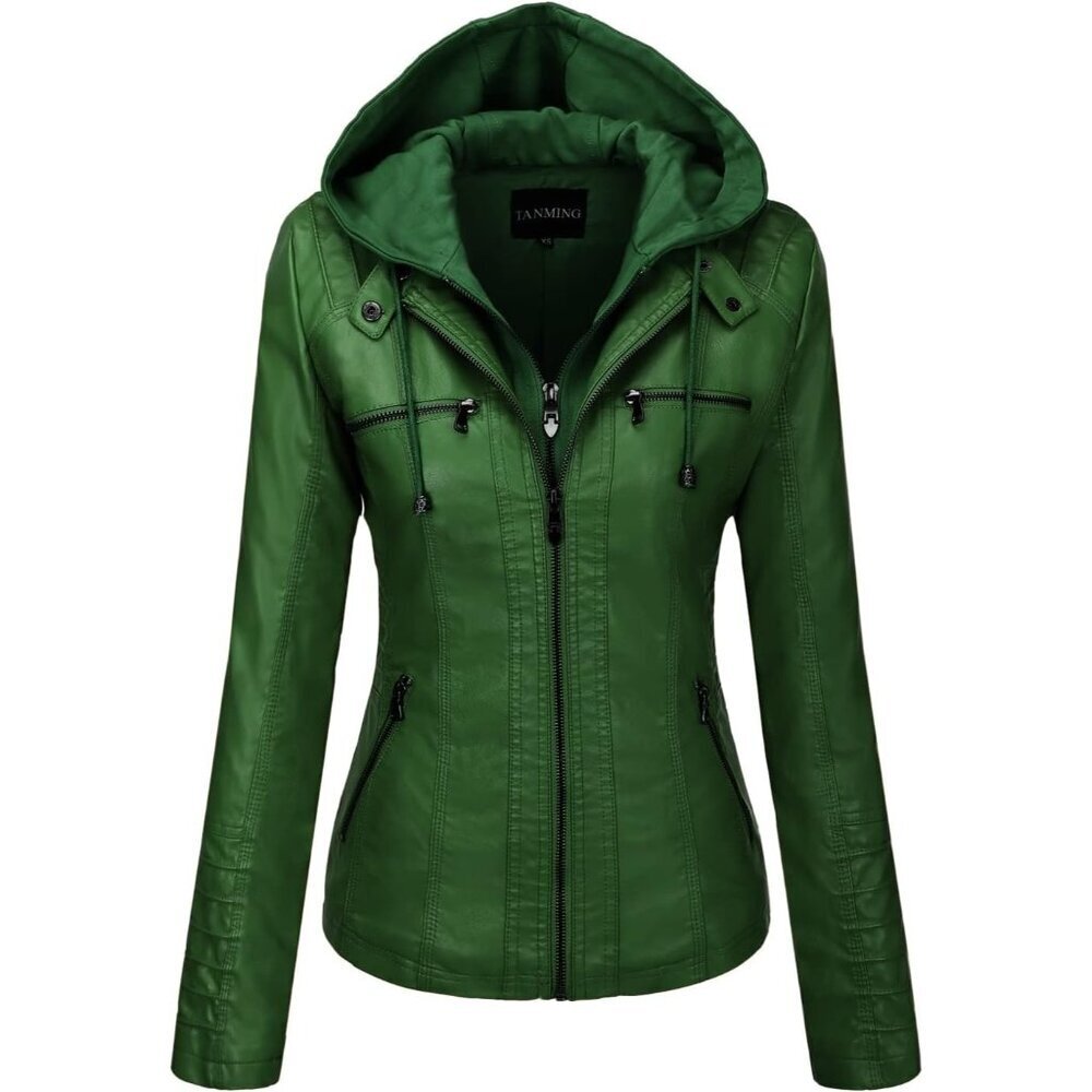 Women's Green Hooded Moto Biker Outerwear Fall Fashion Faux Leather Jacket